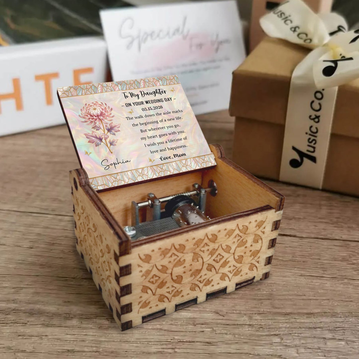 To My Daughter On Your Wedding Day Birth Month Flower Mosaic - Custom Music Box With "You Are My Sunshine" Tune - DAU354_MZB