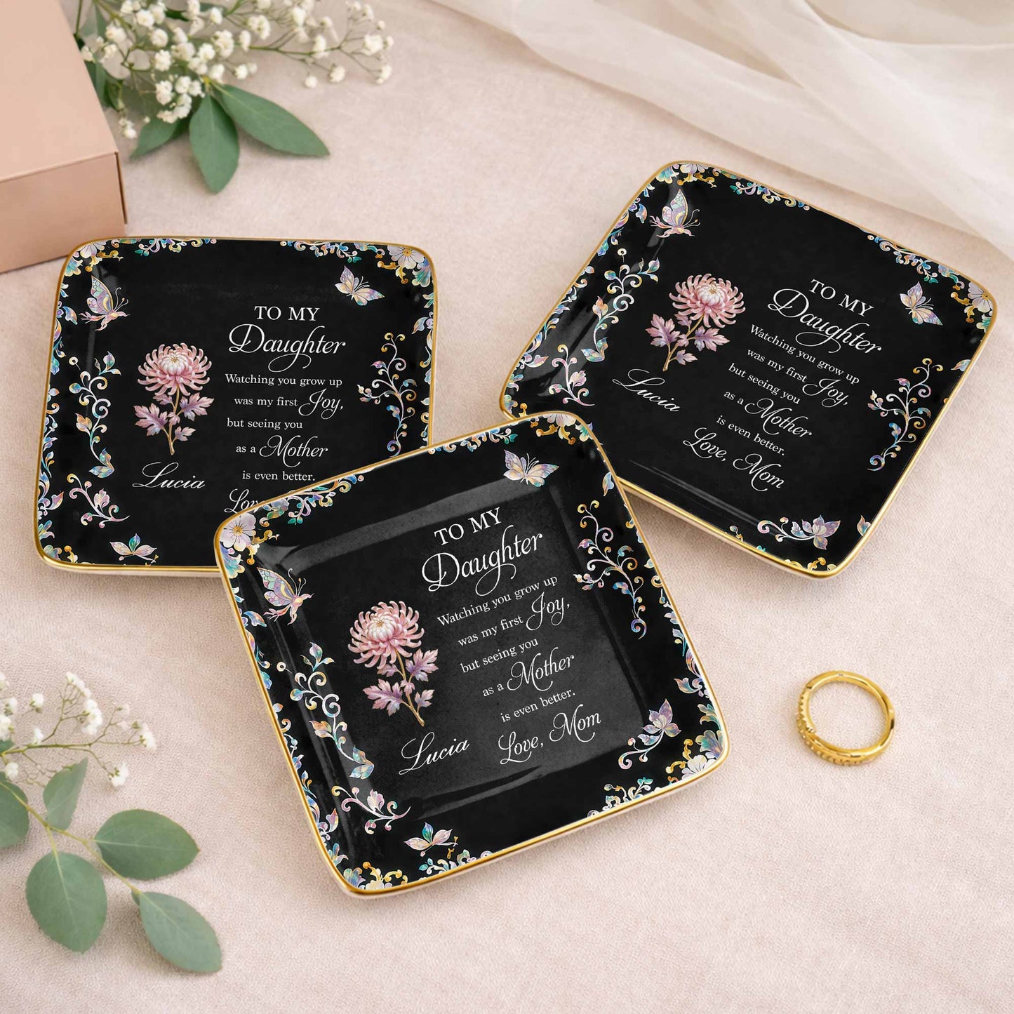 To My Daughter Watching You Grow Up Birth Month Flower Butterflies - Personalized Custom Jewelry Dish, Ceramic Dish, Square Shape - DAU355_SCRF