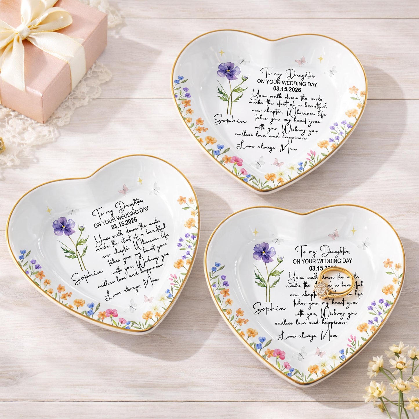 To My Daughter On Your Wedding Day Flower Butterflies Heart - Personalized Custom Jewelry Dish, Ceramic Dish, Heart Shape - DAU356_HCRF
