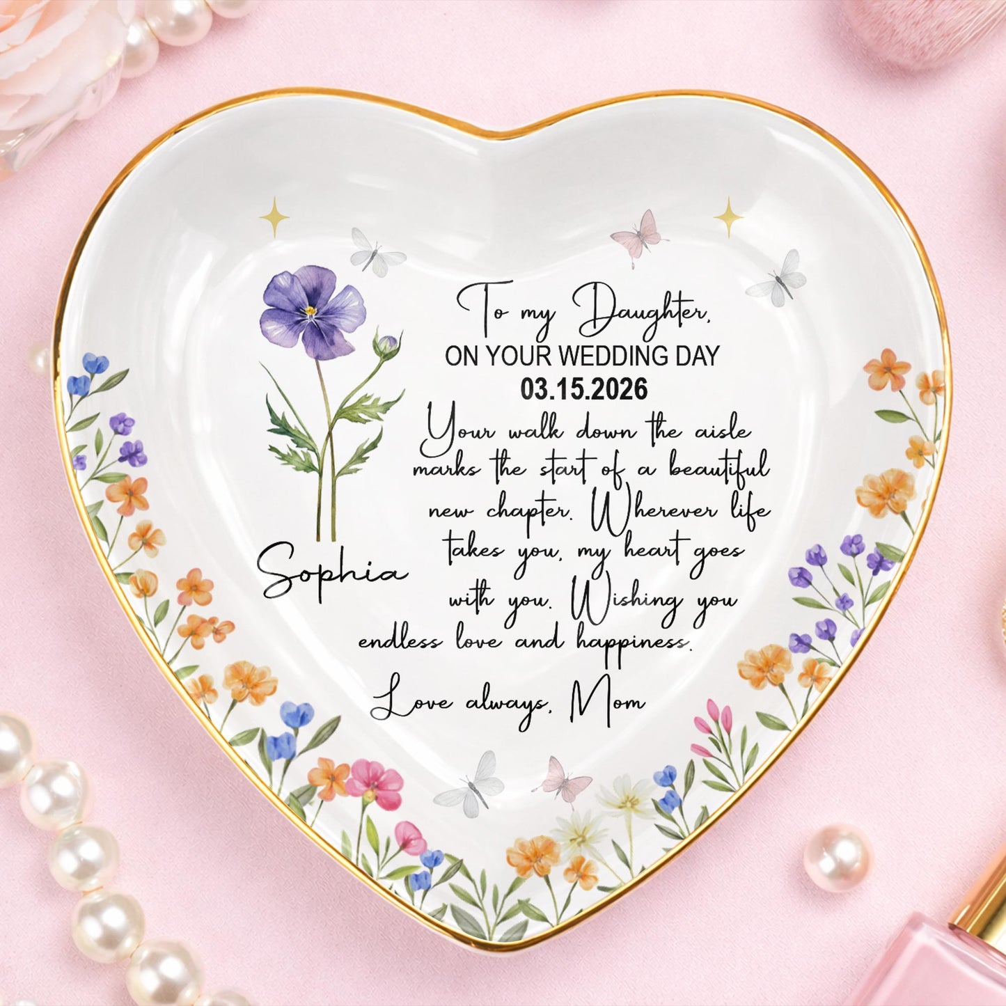 To My Daughter On Your Wedding Day Flower Butterflies Heart - Personalized Custom Jewelry Dish, Ceramic Dish, Heart Shape - DAU356_HCRF