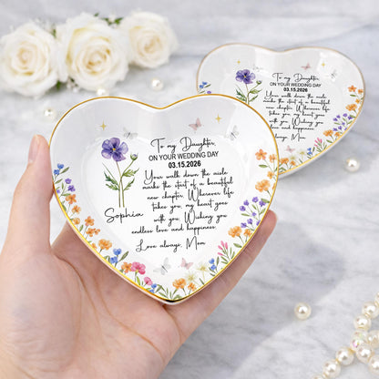 To My Daughter On Your Wedding Day Flower Butterflies Heart - Personalized Custom Jewelry Dish, Ceramic Dish, Heart Shape - DAU356_HCRF