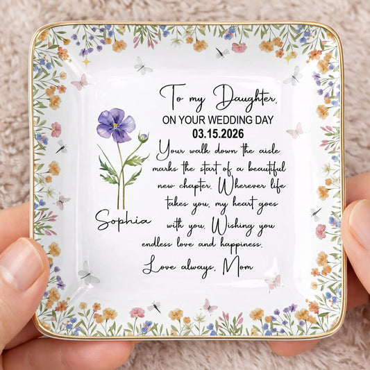 To My Daughter On Your Wedding Day With Purple Flower - Personalized Custom Jewelry Dish, Ceramic Dish, Square Shape - DAU356_SCRF