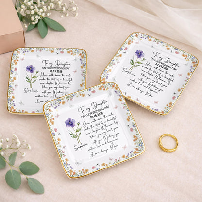 To My Daughter On Your Wedding Day With Purple Flower - Personalized Custom Jewelry Dish, Ceramic Dish, Square Shape - DAU356_SCRF