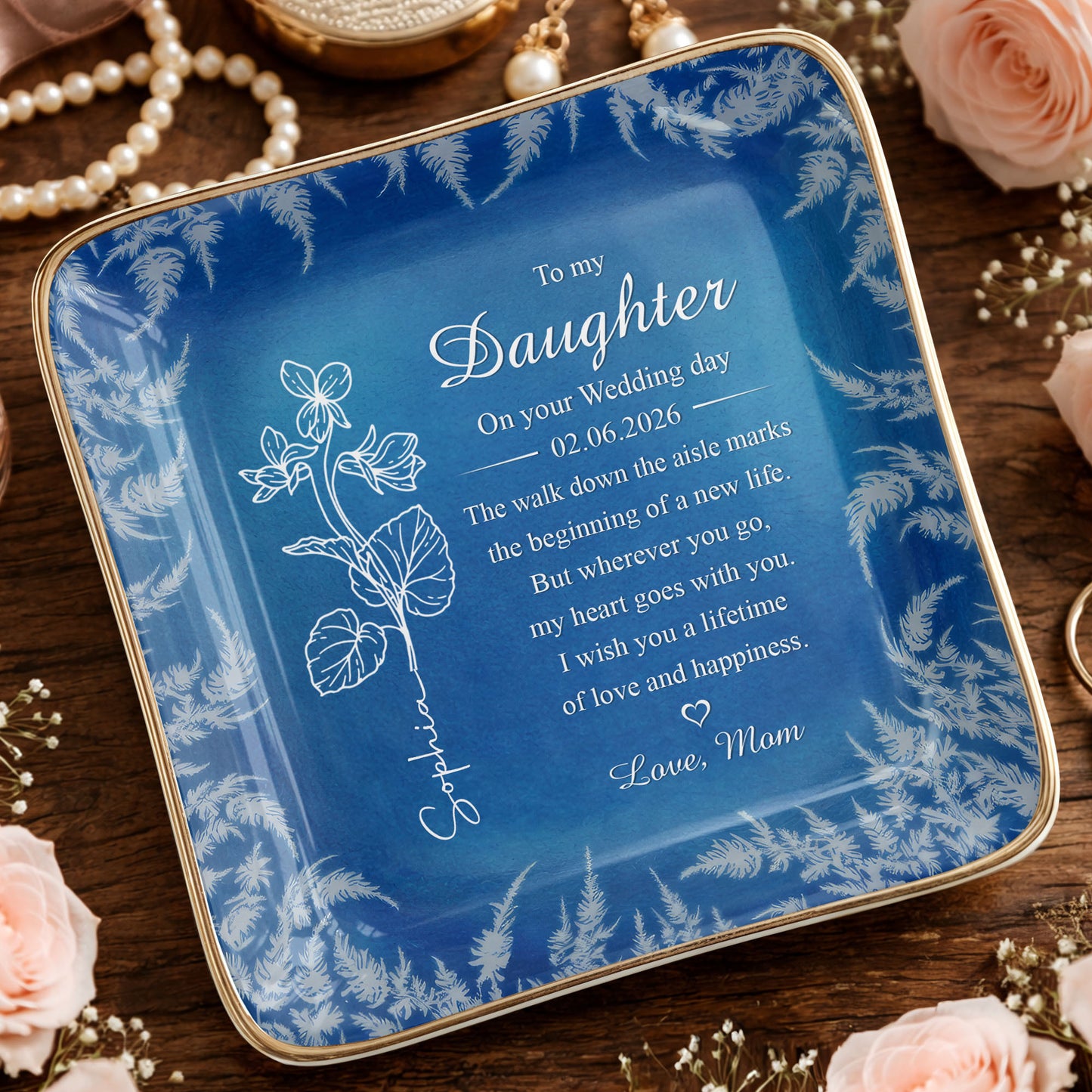 To My Daughter On Your Wedding Day Birth Month Flower - Personalized Custom Jewelry Dish, Ceramic Dish, Square Shape - DAU370_SCRF