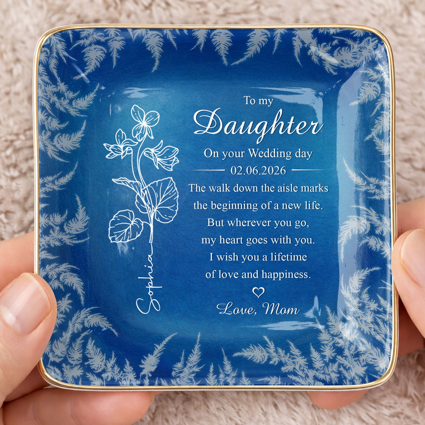 To My Daughter On Your Wedding Day Birth Month Flower - Personalized Custom Jewelry Dish, Ceramic Dish, Square Shape - DAU370_SCRF