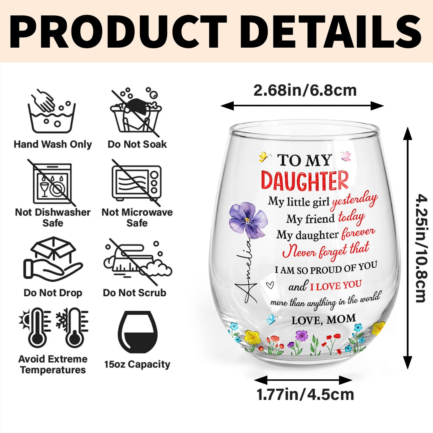 To My Daughter My Little Girl Yesterday Flower Personalized Stemless Wine Glass - Personalized Stemless Wine Glass - DAU532_WIGL