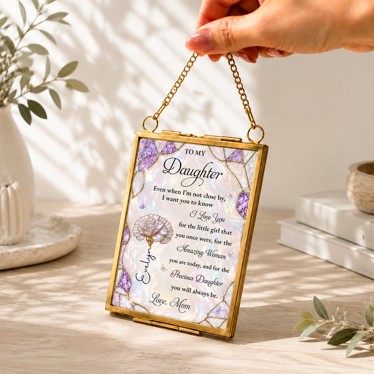 To My Daughter Amazing Woman Flower And Butterfly Stained Glass Style - Personalized Metal Frame Ornament - DAU576_GOFRO