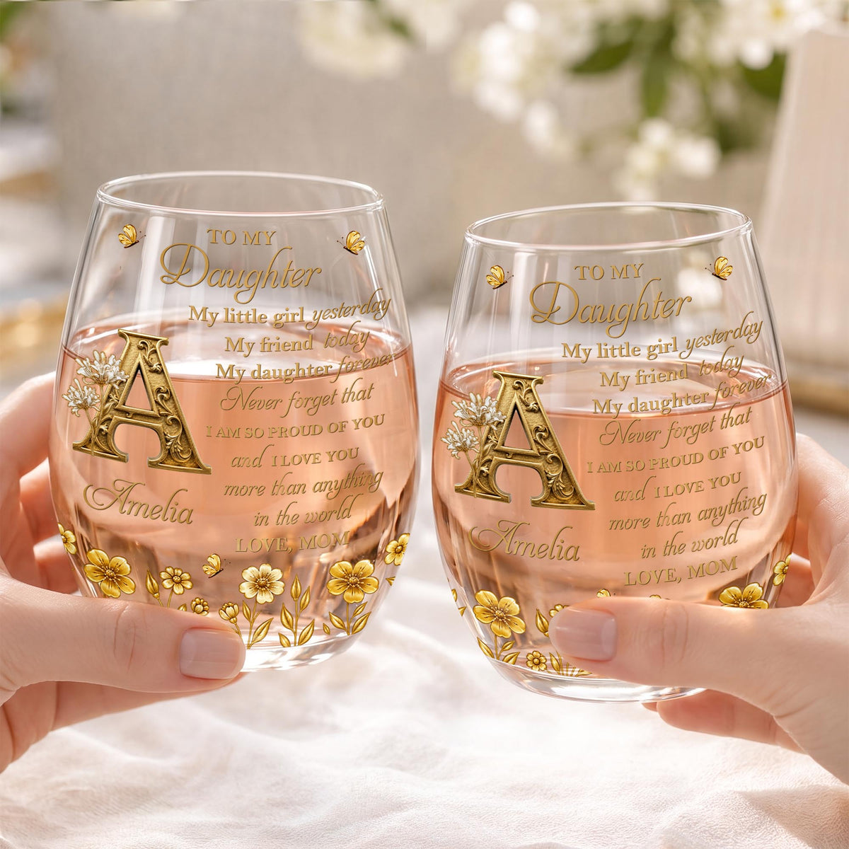To My Daughter My Little Girl With Golden Alphabet Flowers - Personalized Stemless Wine Glass - DAU708_WIGL