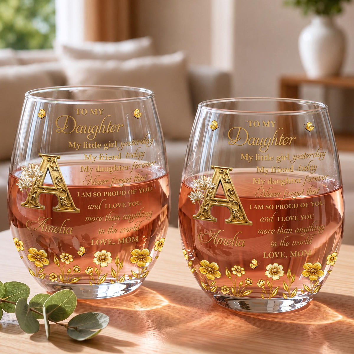 To My Daughter My Little Girl With Golden Alphabet Flowers - Personalized Stemless Wine Glass - DAU708_WIGL