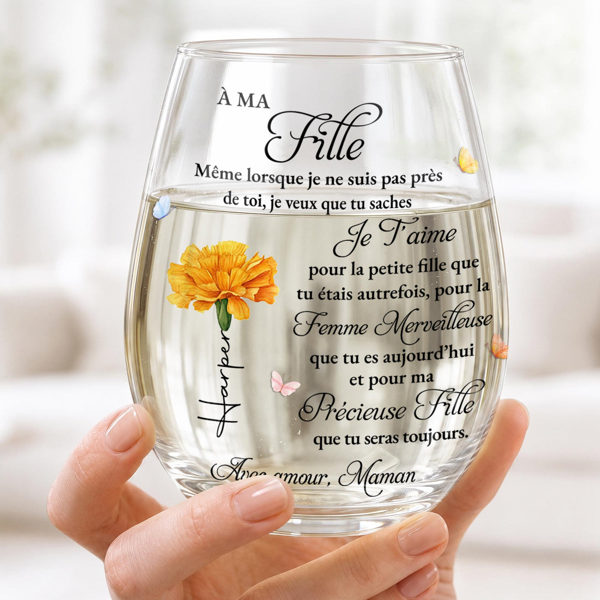 À MA Fille, Même Lorsque Je Ne Suis Pas Près Flower Butterfly - Personalized Stemless Wine Glass - DAU781_WIGL