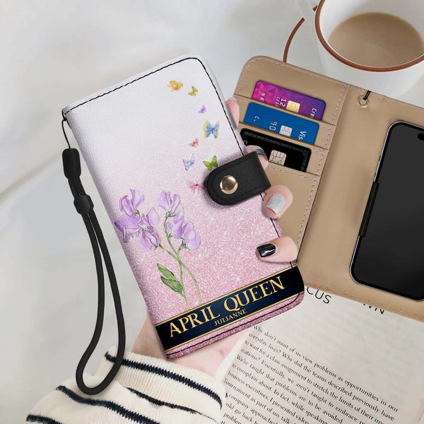 Portefeuille en cuir personnalisé pour téléphone avec fleur du mois de naissance - DG030_PW