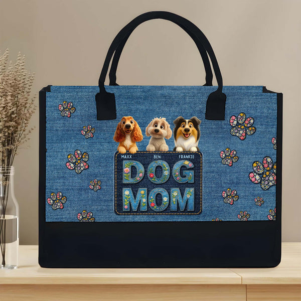 Dog Mom Canvas Tote With Paws And Floral Design