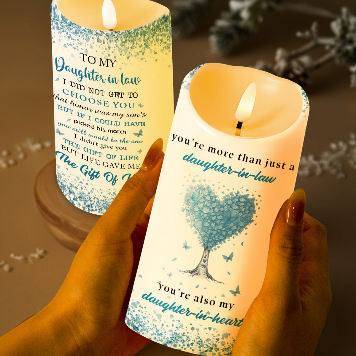 To My Daughter-In-Law, Heart and Tree Design - Personalized Custom LED Candle - DILA018_LECA