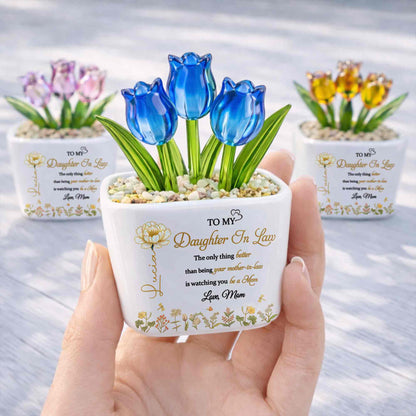 To My Daughter In Law Watching You Be A Mom Birth Month Flowers - Personalized Custom Glass Everlasting Tulips - DILA079_GLATU