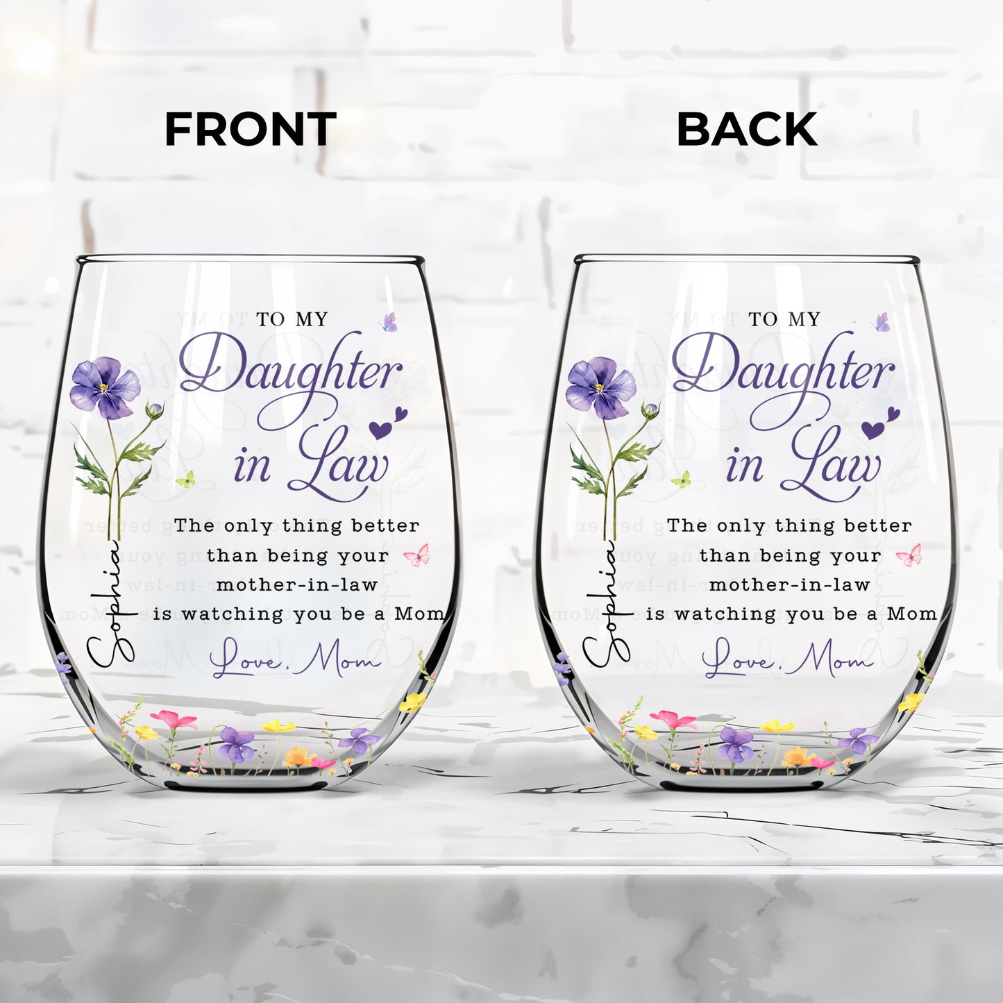 To My Daughter In Law Better Than Mother In Law Birth Flowers - Personalized Stemless Wine Glass - DILA096_WIGL