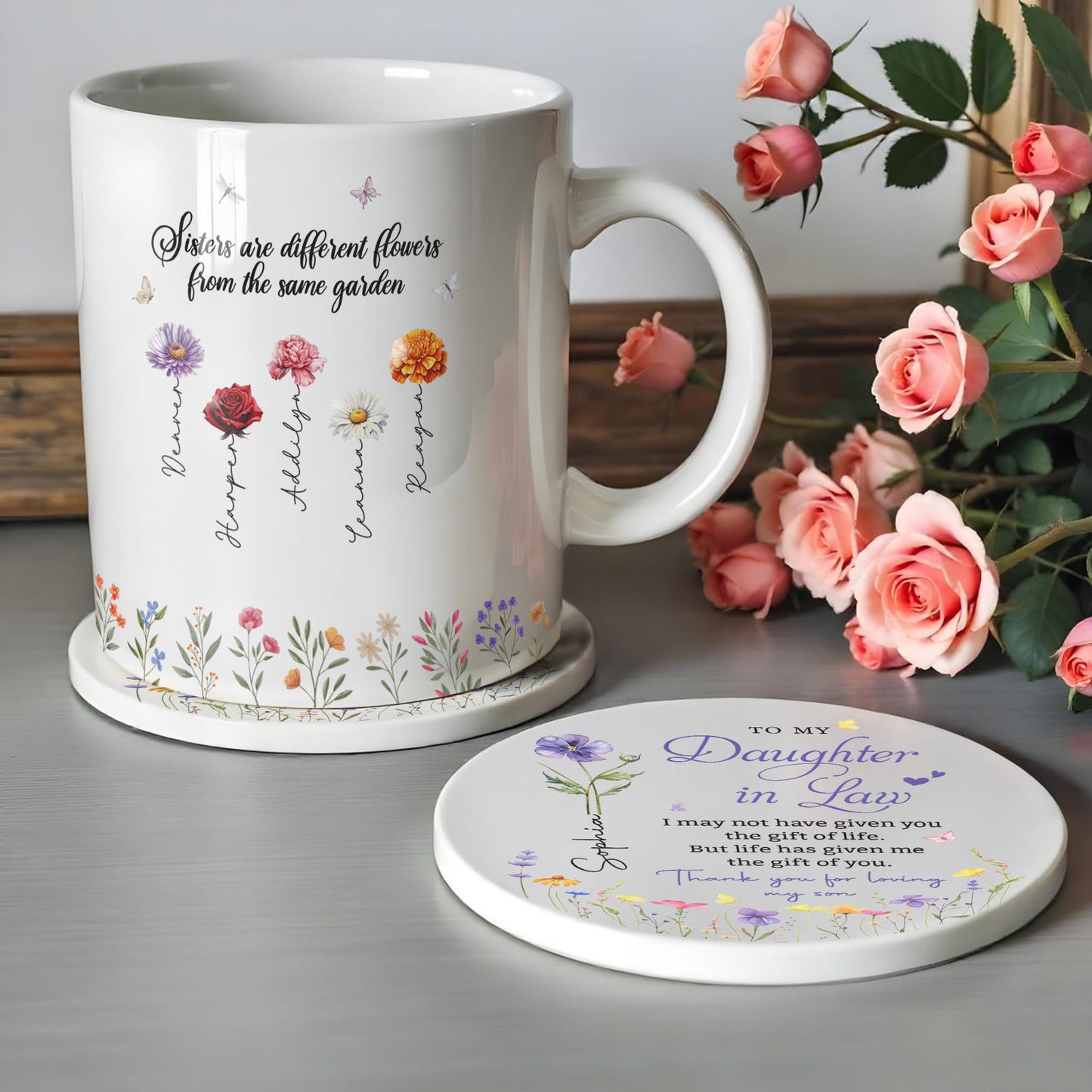 To My Daughter In Law Gift Of You Birth Month Flower - Personalized Custom Ceramic Coaster - DILA120_ROCO