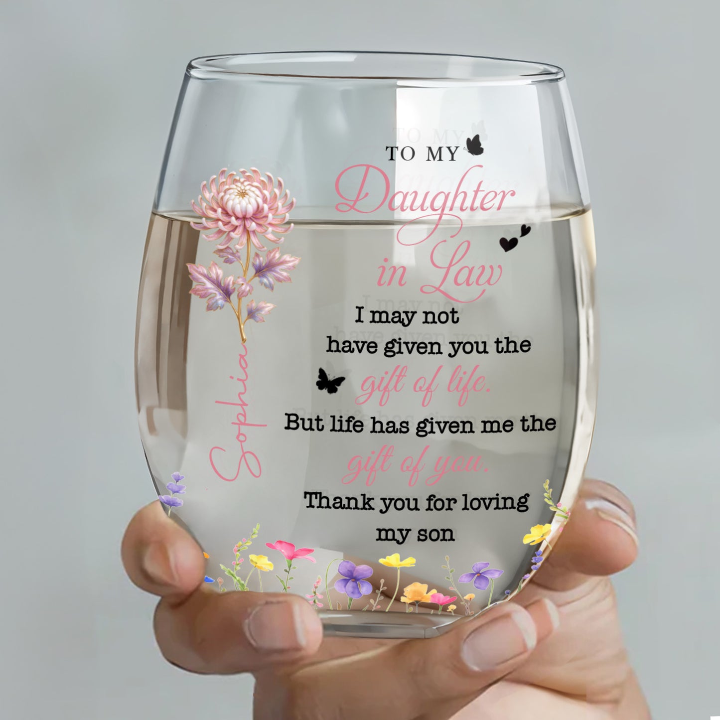 To My Daughter In Law Gift Of You Birth Month Flowers - Personalized Stemless Wine Glass - DILA123_WIGL