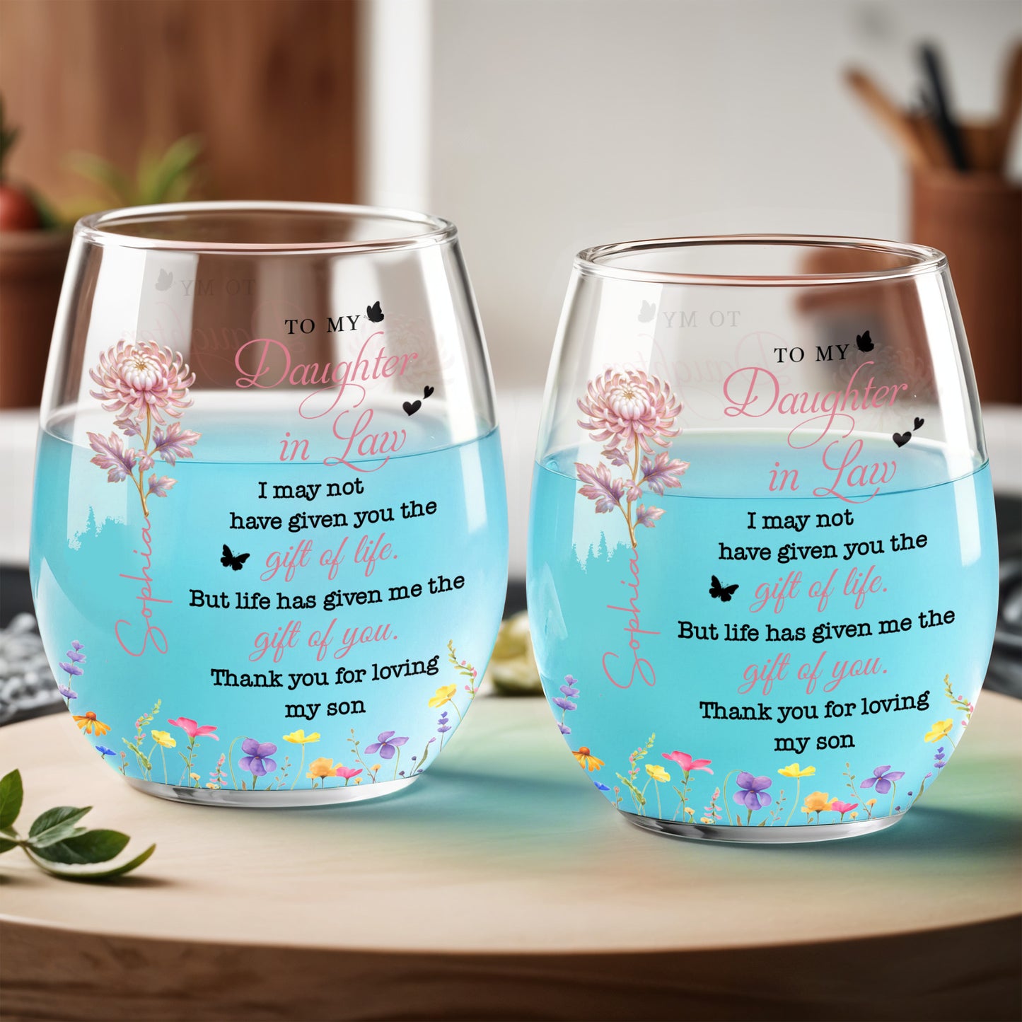 To My Daughter In Law Gift Of You Birth Month Flowers - Personalized Stemless Wine Glass - DILA123_WIGL