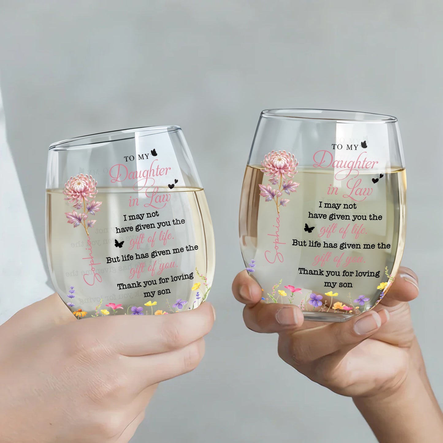 To My Daughter In Law Gift Of You Birth Month Flowers - Personalized Stemless Wine Glass - DILA123_WIGL