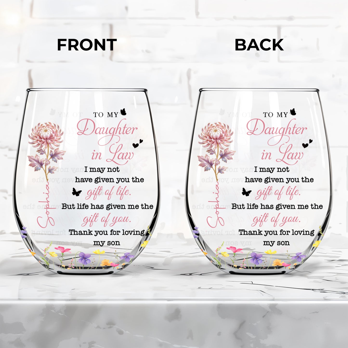 To My Daughter In Law Gift Of You Birth Month Flowers - Personalized Stemless Wine Glass - DILA123_WIGL