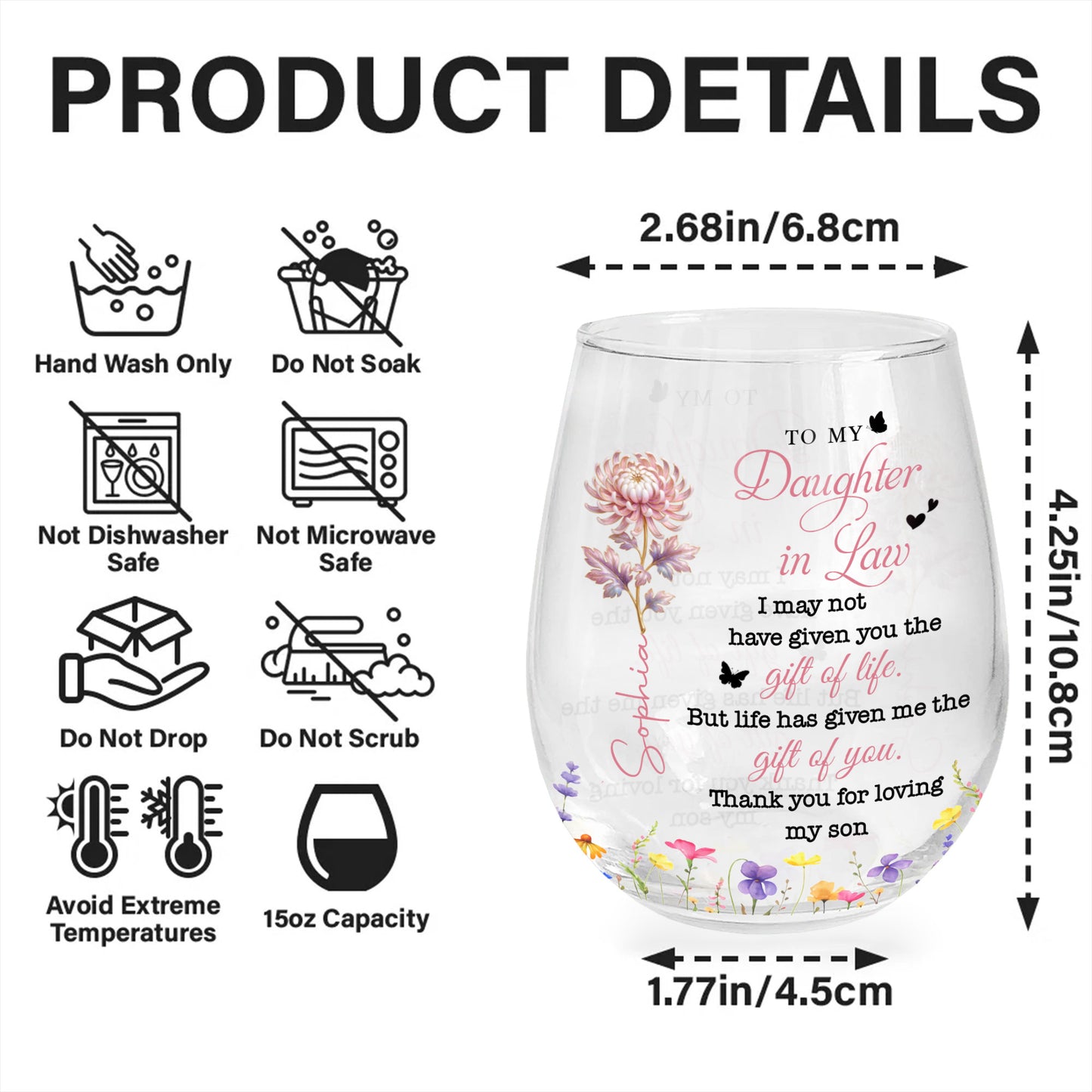 To My Daughter In Law Gift Of You Birth Month Flowers - Personalized Stemless Wine Glass - DILA123_WIGL
