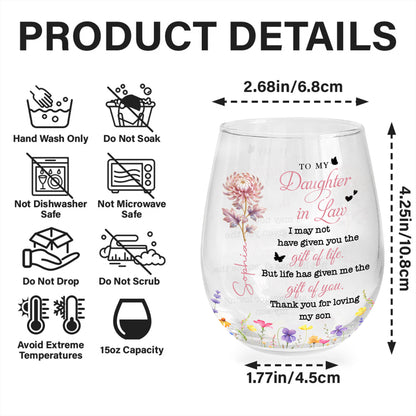 To My Daughter In Law Gift Of You Birth Month Flowers - Personalized Stemless Wine Glass - DILA123_WIGL