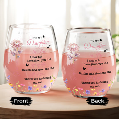 To My Daughter In Law Gift Of You Birth Month Flowers - Personalized Stemless Wine Glass - DILA123_WIGL