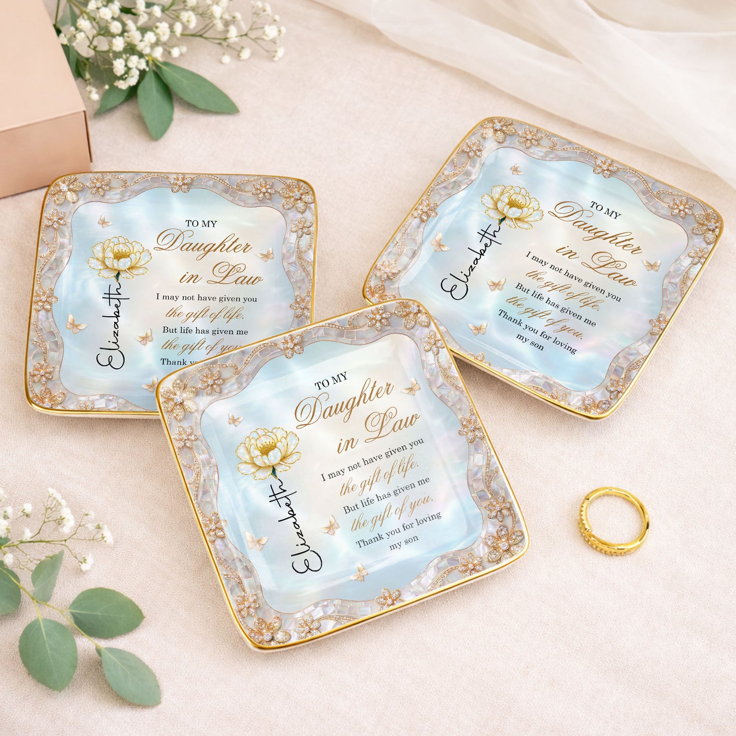 To My Daughter In Law Life Has Given Me The Gift Of You Birth Month Flower - Personalized Custom Jewelry Dish, Ceramic Dish, Square Shape - DILA214_SCRF