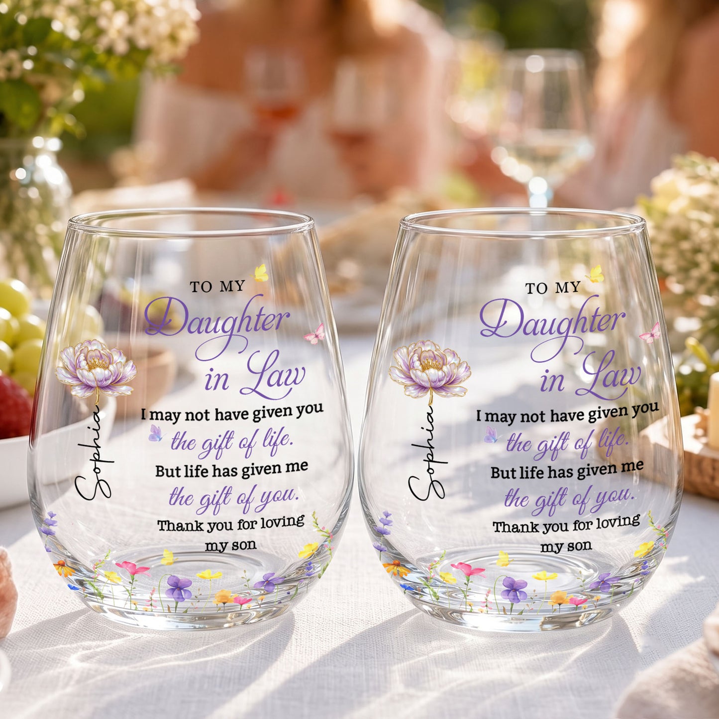 To My Daughter In Law Gift Of Life Birth Month Flowers - Personalized Stemless Wine Glass - DILA271_WIGL