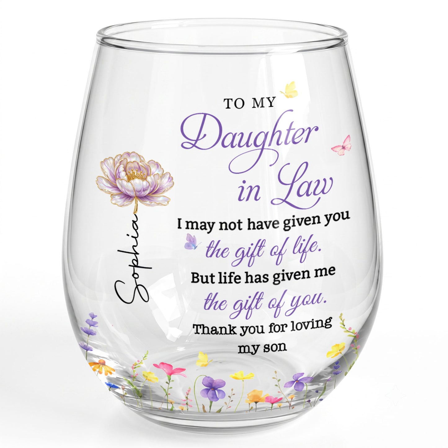 To My Daughter In Law Gift Of Life Birth Month Flowers - Personalized Stemless Wine Glass - DILA271_WIGL
