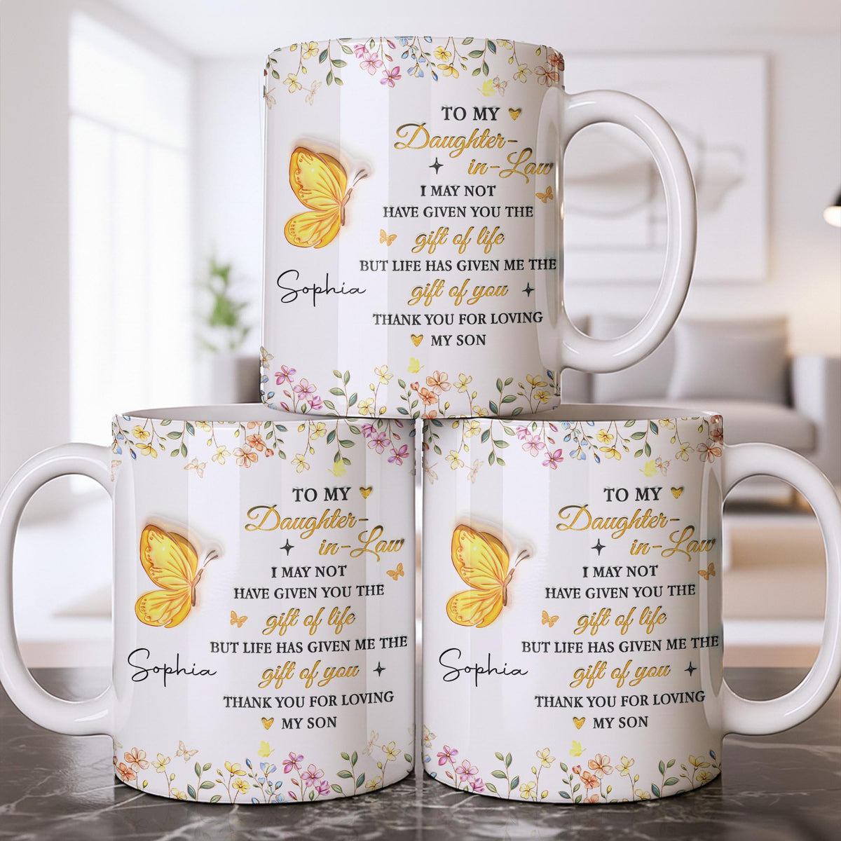 To My Daughter In Law Gift Of You Butterfly Flowers - Personalized Custom Coffee Mug - DILA411_MG
