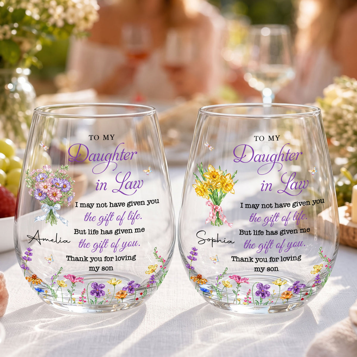 To My Daughter In Law Life Has Given Me The Gift Of You Flowers - Personalized Stemless Wine Glass - DILA441_WIGL