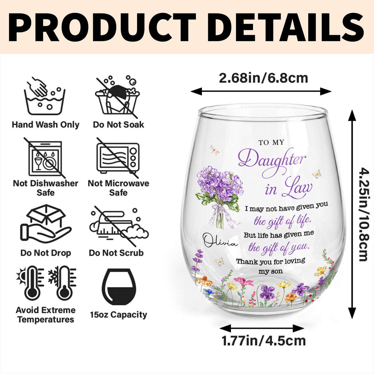 To My Daughter In Law Life Has Given Me The Gift Of You Flowers - Personalized Stemless Wine Glass - DILA441_WIGL