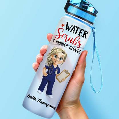 Water Scrubs & Rubber Gloves, Cartoon Nurse And Drinking Schedule - Personalized Tracker Bottle - DOC002_WATRA