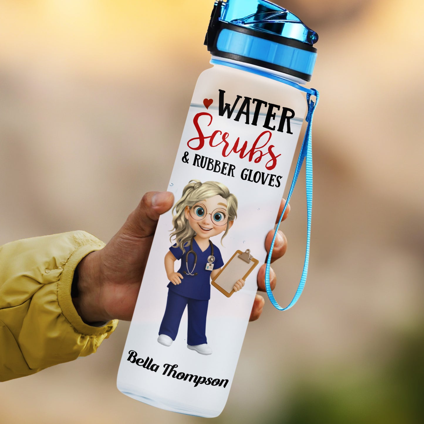 Water Scrubs & Rubber Gloves, Cartoon Nurse And Drinking Schedule - Personalized Tracker Bottle - DOC002_WATRA