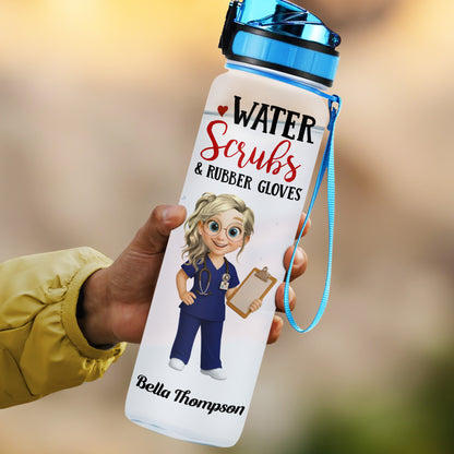 Water Scrubs & Rubber Gloves, Cartoon Nurse And Drinking Schedule - Personalized Tracker Bottle - DOC002_WATRA