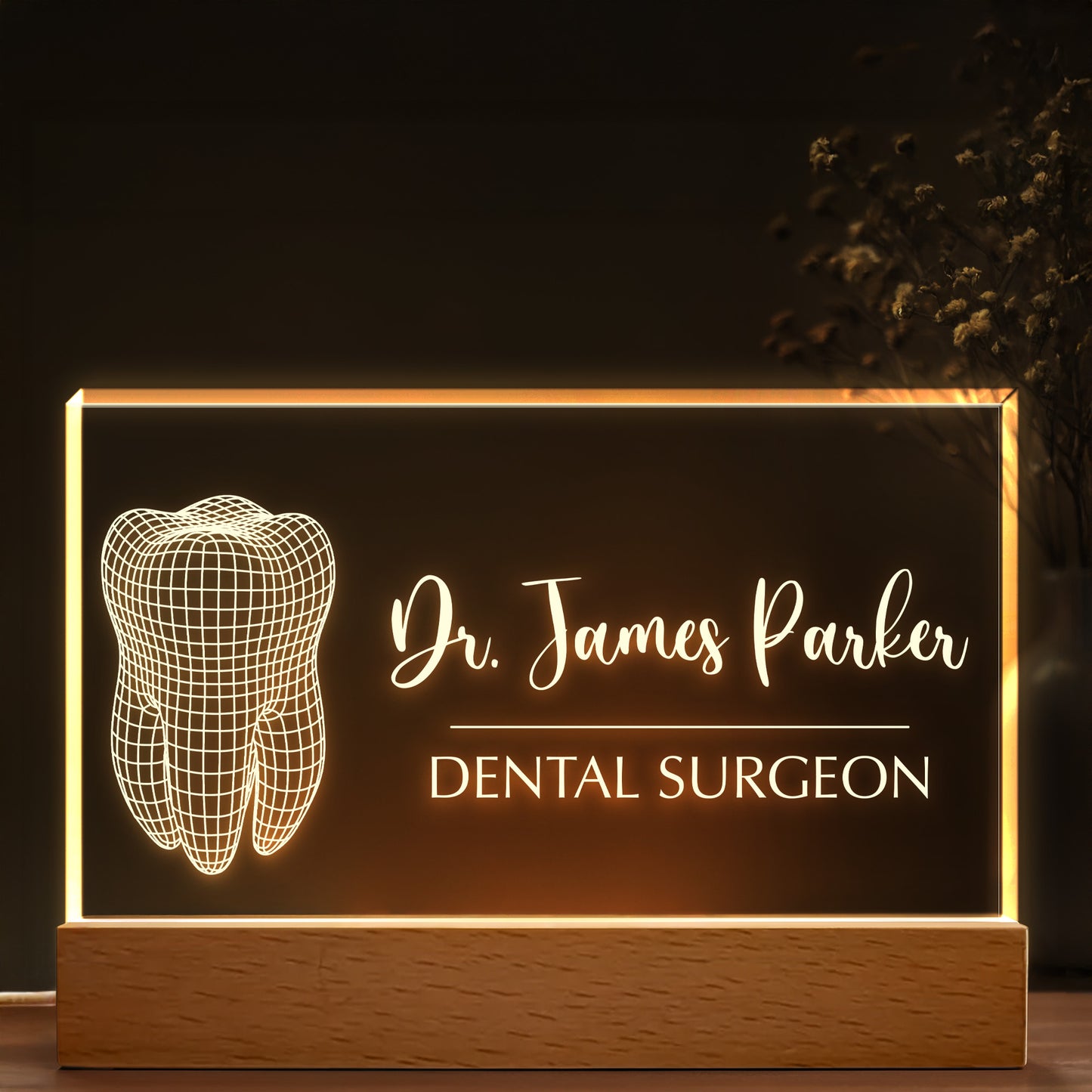 Dr. James Parker, Dental Surgeon, Tooth Design - Personalized LED Night Light With Wooden Base - DOC005_LEWO