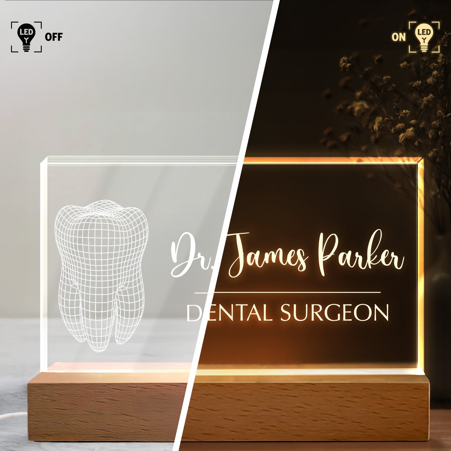 Dr. James Parker, Dental Surgeon, Tooth Design - Personalized LED Night Light With Wooden Base - DOC005_LEWO