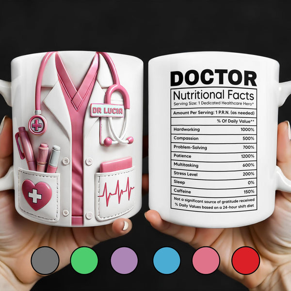 Información nutricional de un médico, trabajador, compasivo, resolutivo, bata médica y estetoscopio - Taza de café personalizada - DOC009_MG