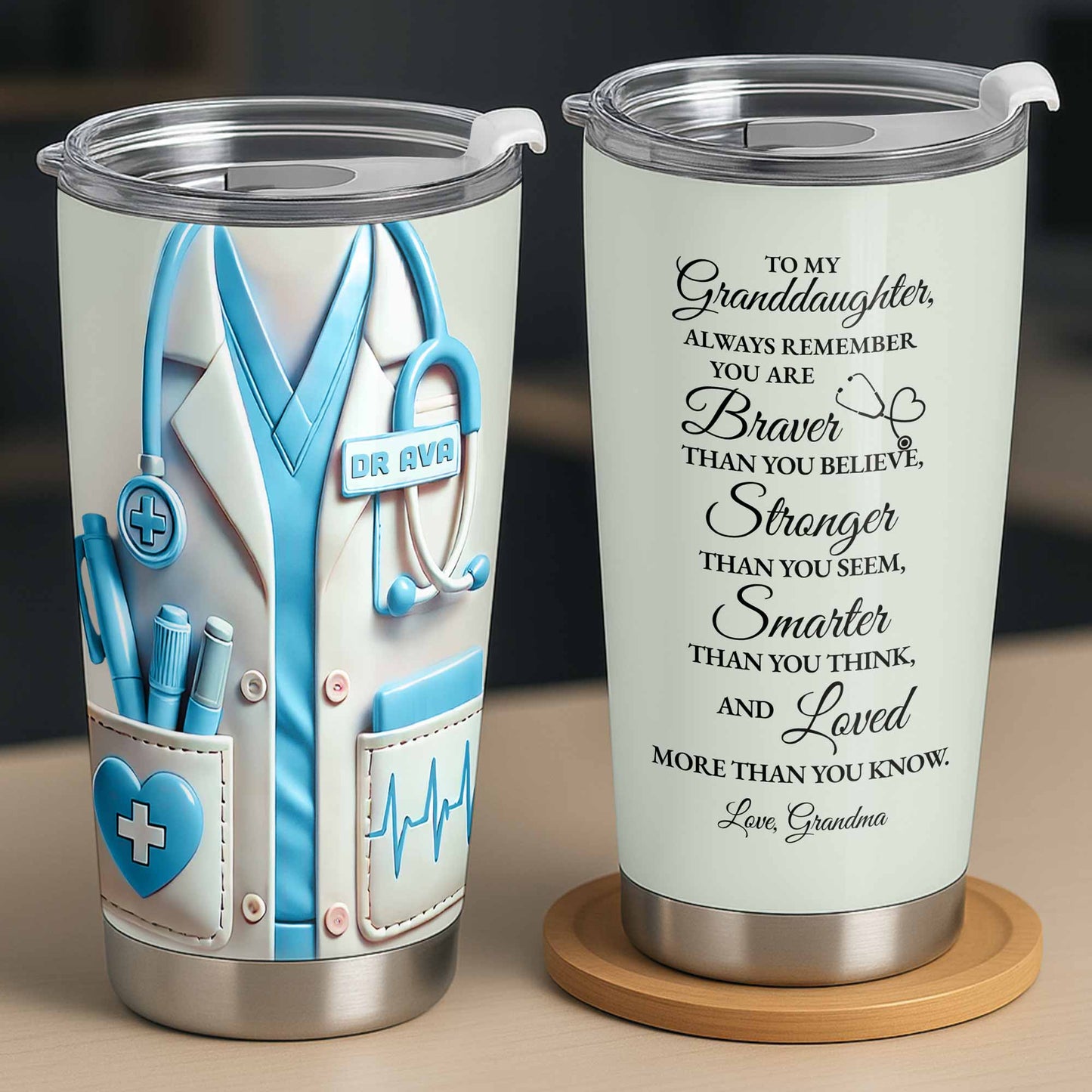 Para un doctor brillante, su cuidado y compasión, herramientas y uniformes médicos - Vaso de acero inoxidable personalizado de 20 oz y 30 oz - DOC036_TB