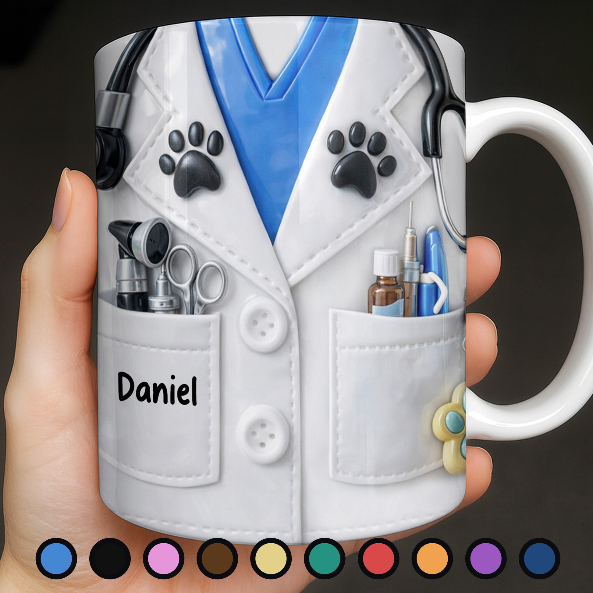 Personalized Vet Coat Design With Paws And Medical Instruments