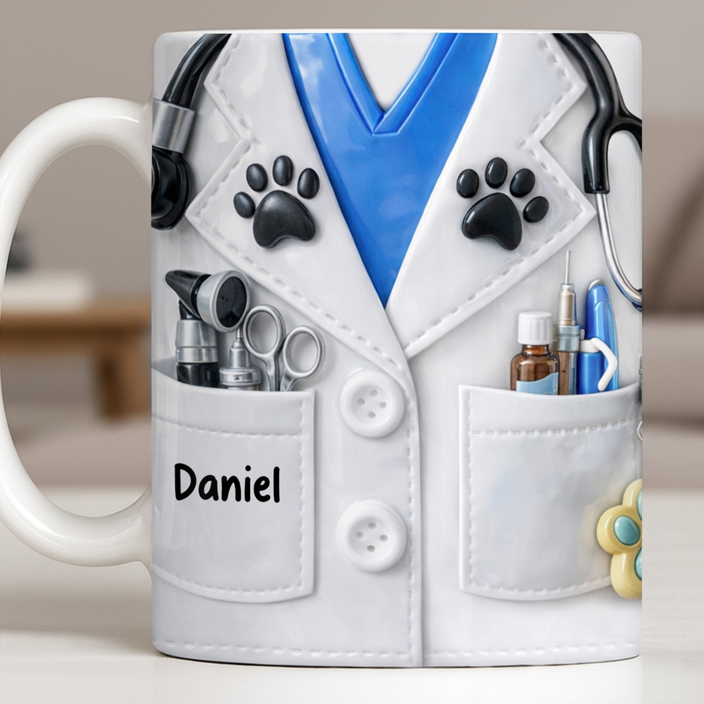 Personalized Vet Coat Design With Paws And Medical Instruments