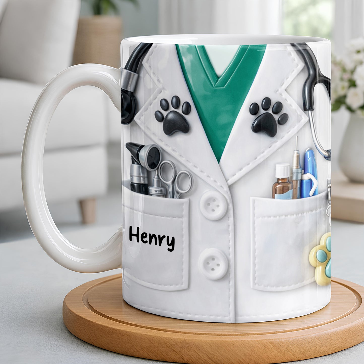 Personalized Vet Coat Design With Paws And Medical Instruments