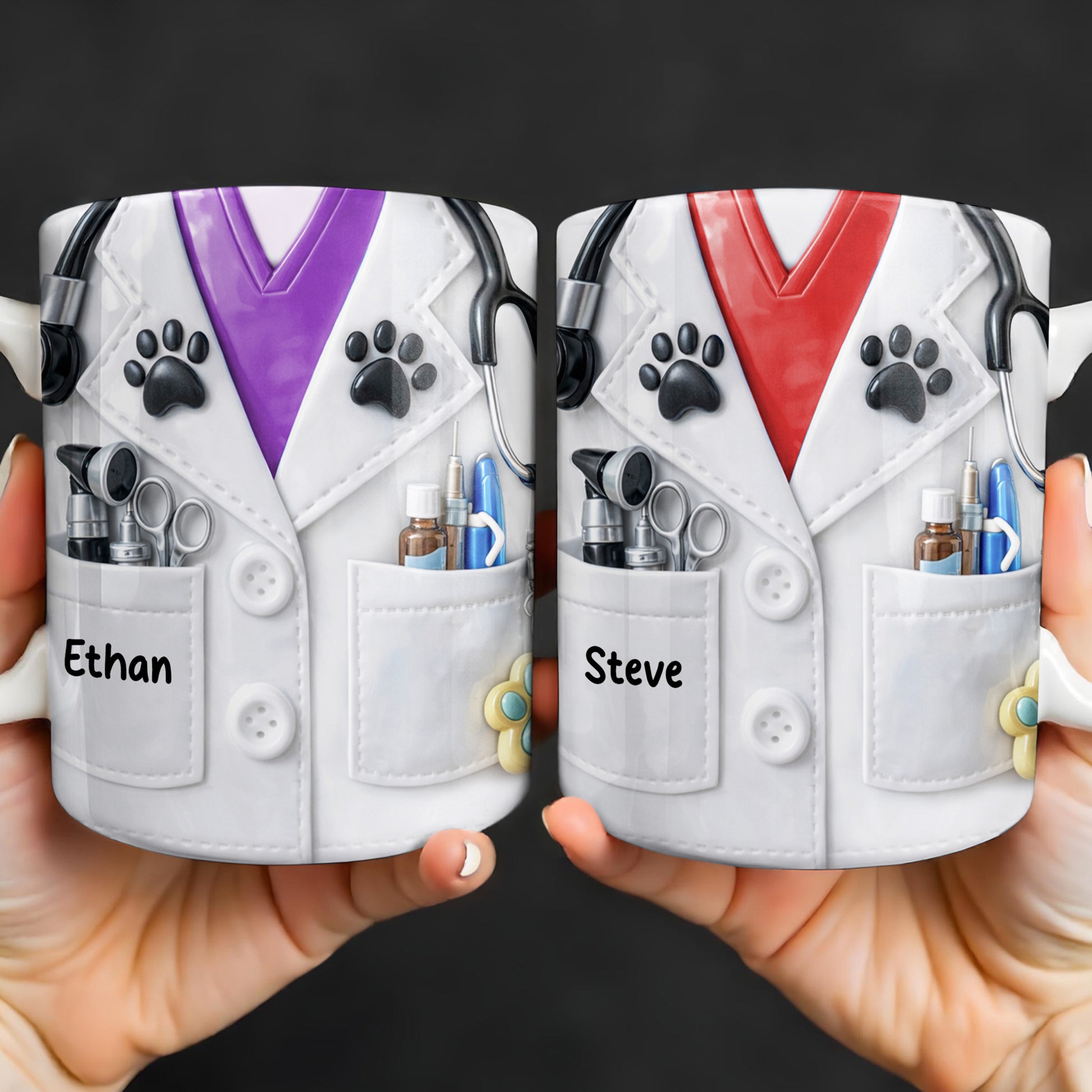 Personalized Vet Coat Design With Paws And Medical Instruments