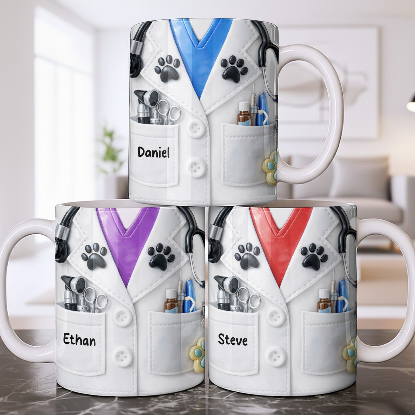 Personalized Vet Coat Design With Paws And Medical Instruments