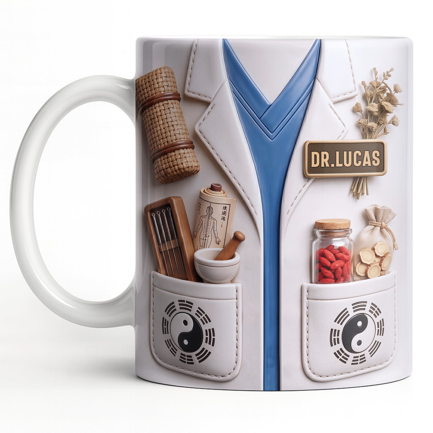 Traditional Chinese Medicine Doctor Coat With Acupuncture Needles And Yin Yang - Personalized Custom Coffee Mug - DOC124_MG