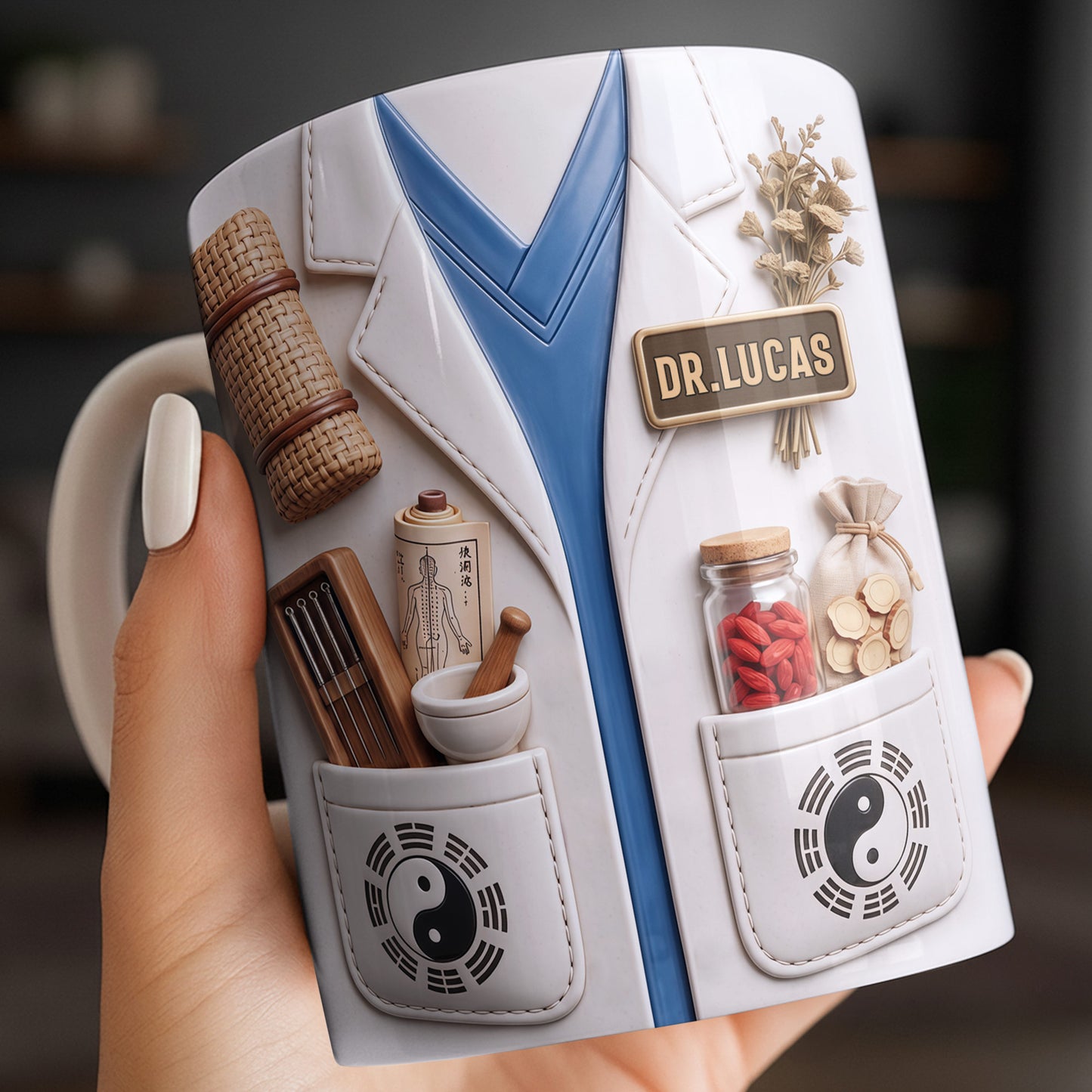 Traditional Chinese Medicine Doctor Coat With Acupuncture Needles And Yin Yang - Personalized Custom Coffee Mug - DOC124_MG