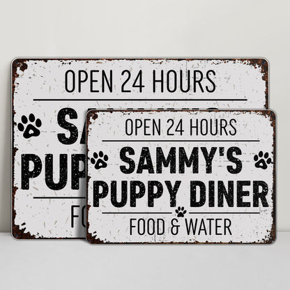Open 24 Hours Doggy Diner Food And Water - Personalized Metal Sign - DOG012_MSIGN