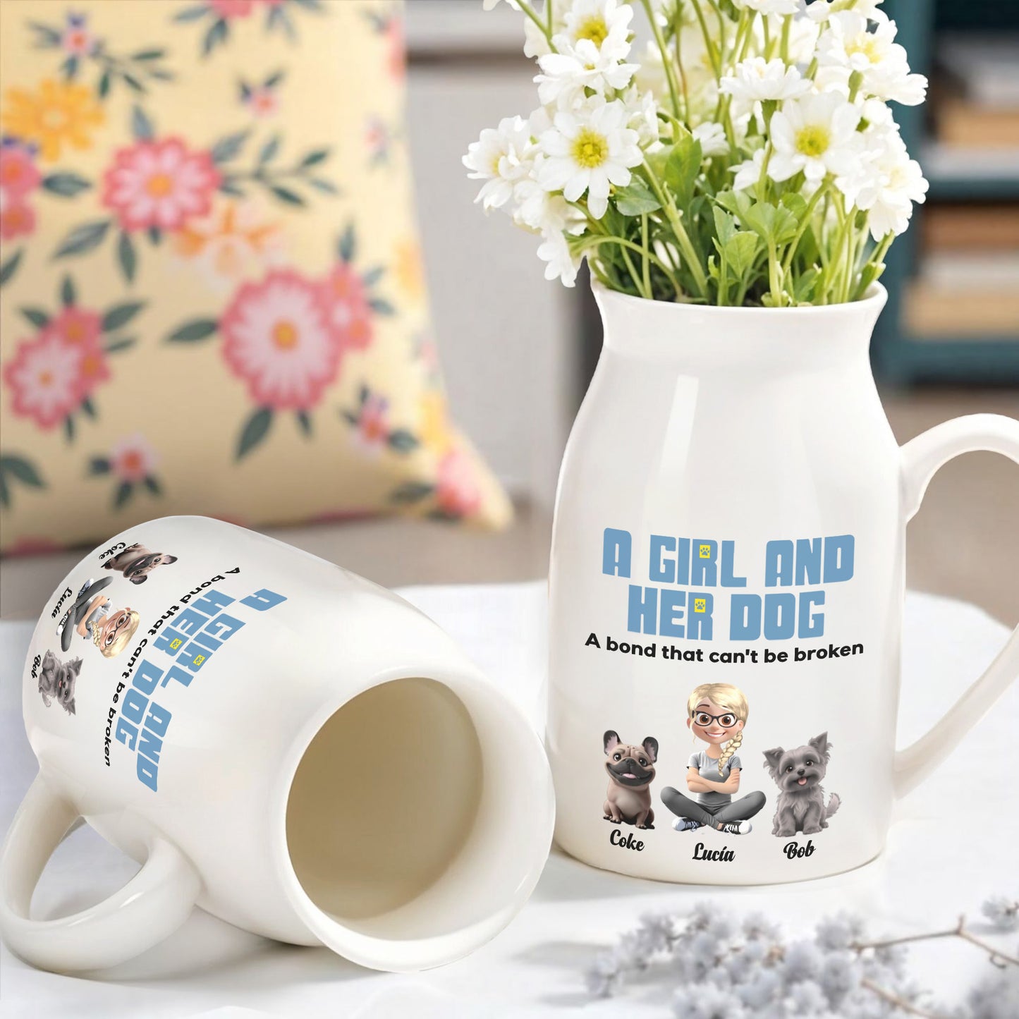 A Girl And Her Dogs, A Bond That Can't Be Broken - Personalized Ceramic Flower Vase - DOG025_CEV