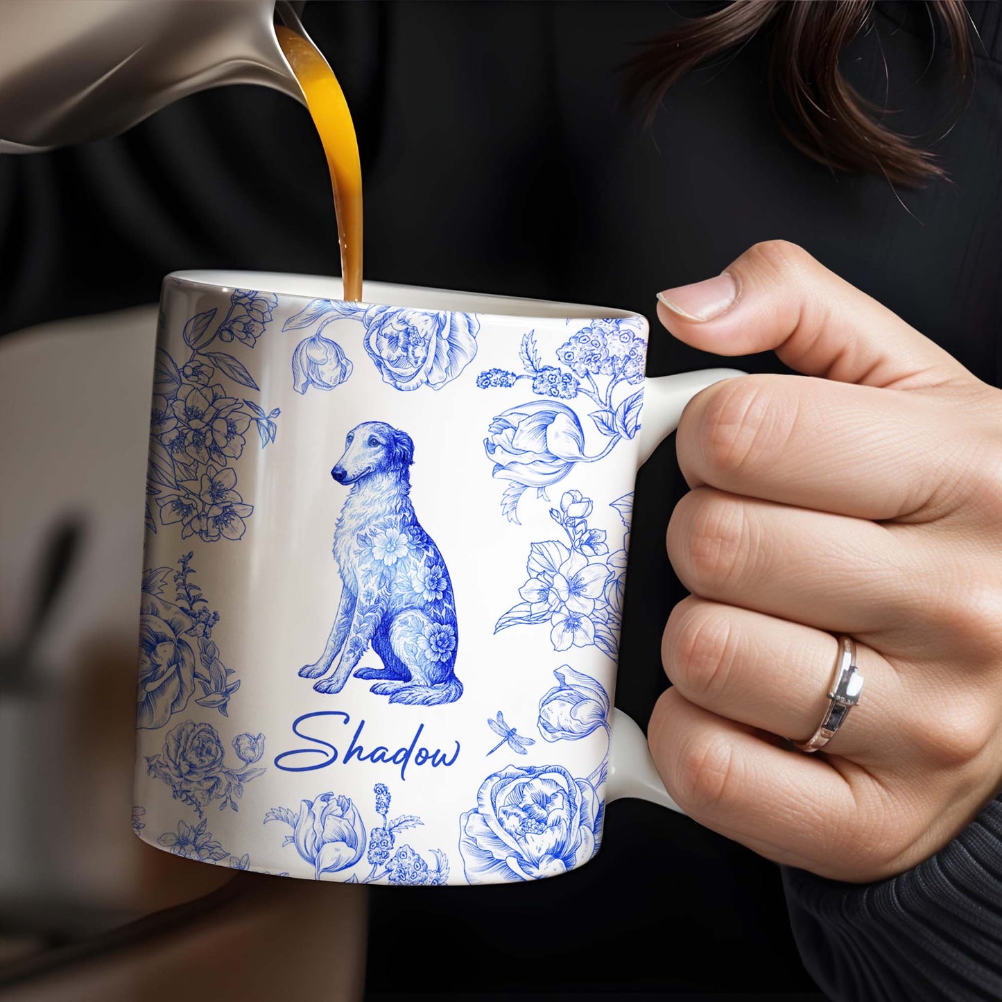 Tasse à café personnalisée avec motif floral bleu pour chien - DOG050_MG